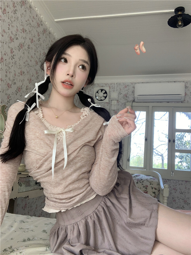 實拍溫柔交叉v領薄款T恤+芭蕾少女半身裙