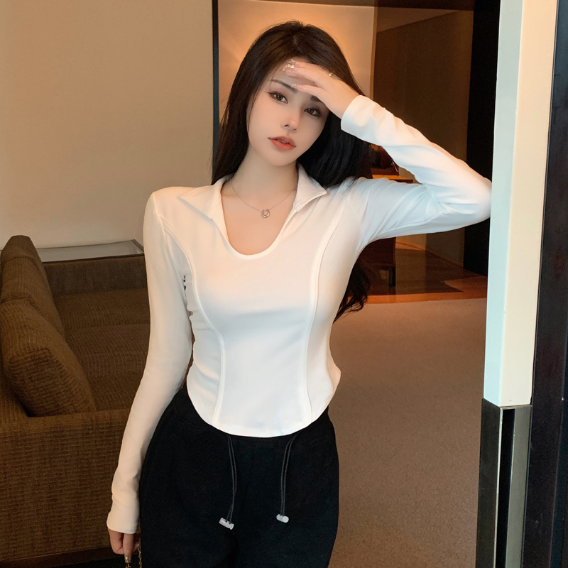 Real shot European fishbone long-sleeved T-shirt for women in early autumn irregular tight-fitting short polo lapel slim inner top