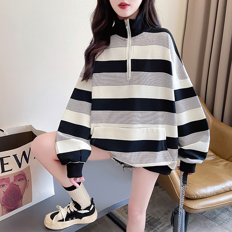 實拍 2024春季韓版寬鬆300克條紋POLO領百搭大碼薄款衛衣女