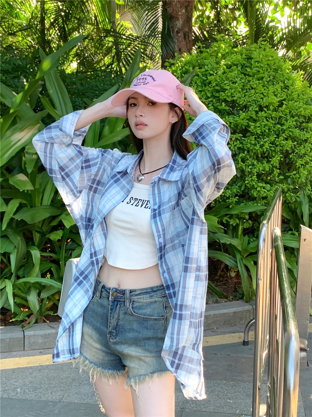 實拍~美式復古格子寬鬆bf休閒防曬服襯衫外套上衣