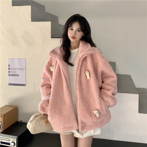Actual shot of new spring lamb wool jacket for women, woven plush stand-up collar zipper thickened top
