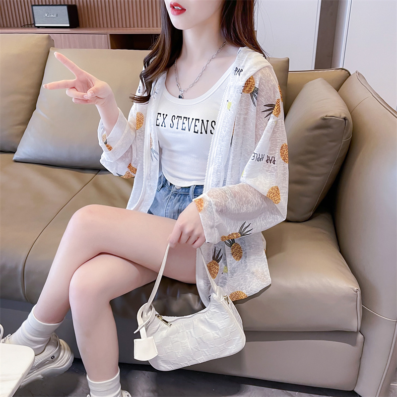 Real shot of ice silk nano silk thin mid-length loose cardigan zipper sun protection hooded jacket for women