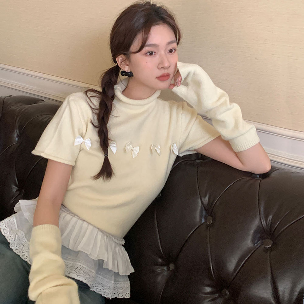 實拍 早春韓系溫柔俏皮立體蝴蝶結裝飾半高領袖套針織毛衣