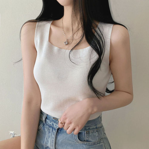 Slightly fat square plain sleeveless knitted T-shirt Korean style chic sexy bottoming small camisole solid color for women