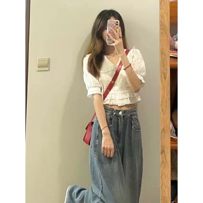 夏季可鹽可甜鹽系穿搭小個子炸街學院風減齡上衣百褶裙兩件套裝女