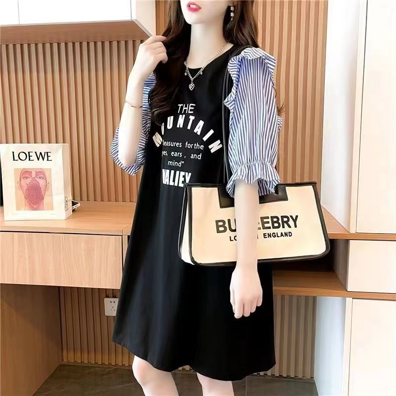 Official picture 6535 cotton lotus leaf five-quarter sleeve T-shirt women's summer loose mid-length T-shirt skirt top