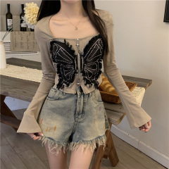 Real shot Spring new butterfly embroidered zipper short long-sleeved cardigan T-shirt top