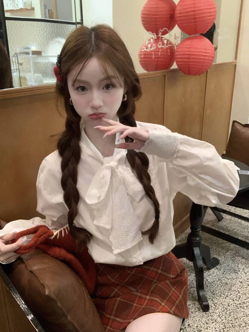 實拍~法式蝴蝶結蕾絲拼接白色襯衫女氣質顯瘦寬鬆上衣