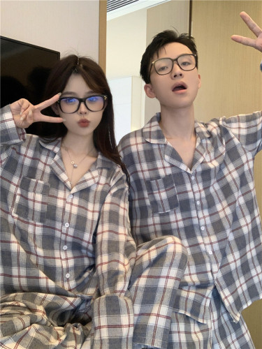 Real shot of Korean style spring and autumn casual simple couple gray and white checkered men and women same style home clothes set