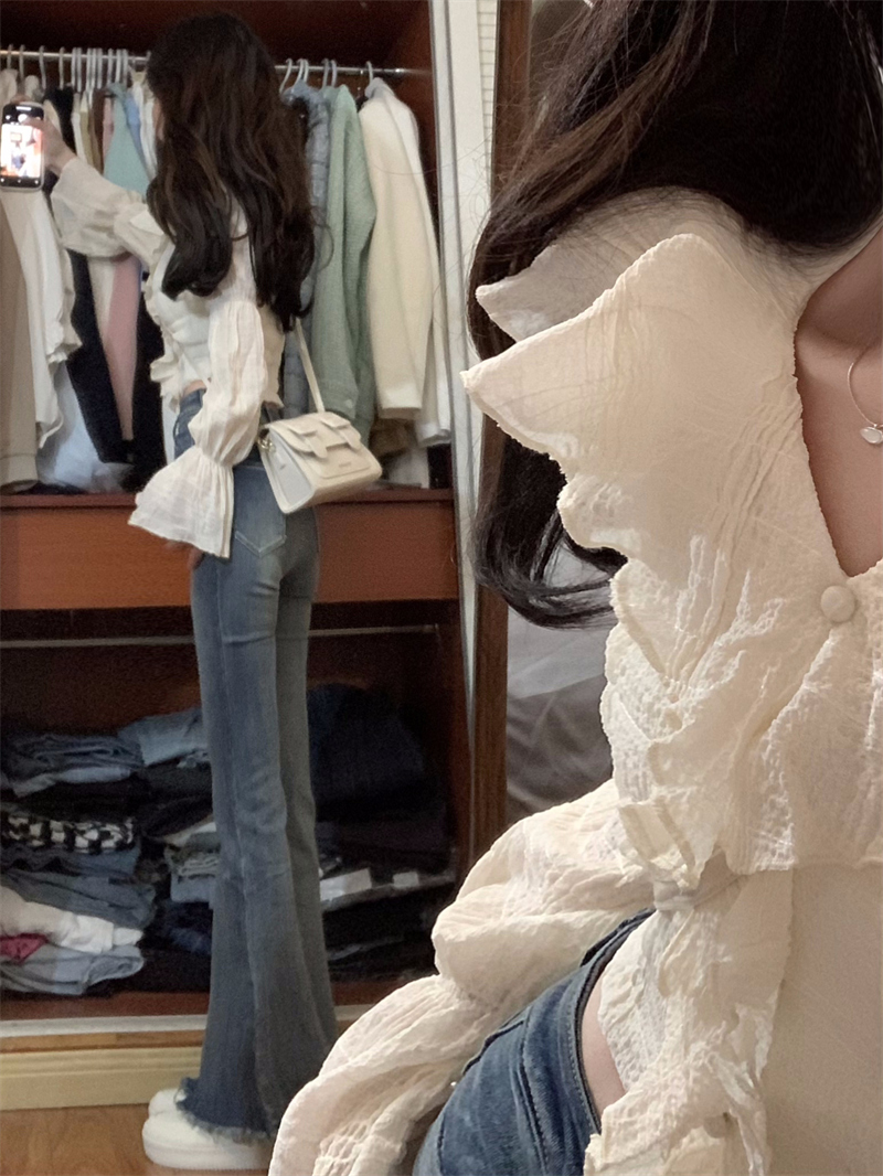 實拍#清甜少女浪漫荷葉邊襯衫女早春甜美別致短款小衫上衣女