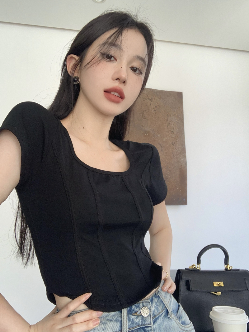 設計感小眾短袖T恤女夏2024新款韓版魚骨修身學生休閒上衣