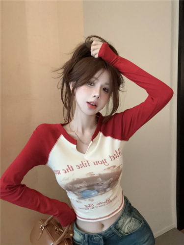 Real shot ~ hot girl American retro T-shirt women's spring slim dopamine wear raglan long-sleeved short top