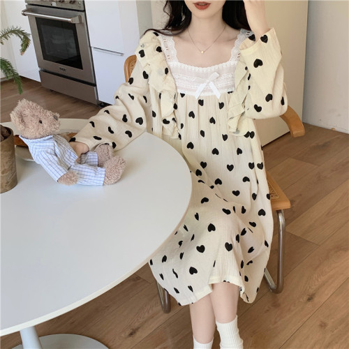 Real shot of Korean version of sweet soft cotton double gauze cute loose lace ruffle outer wear home clothes suit nightgown