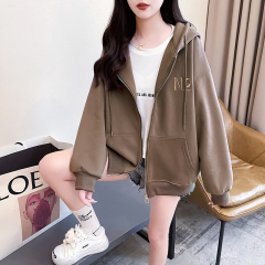 實拍2024春季韓版寬鬆320克連帽字母刺繡拉鏈開衫大碼薄款外套女