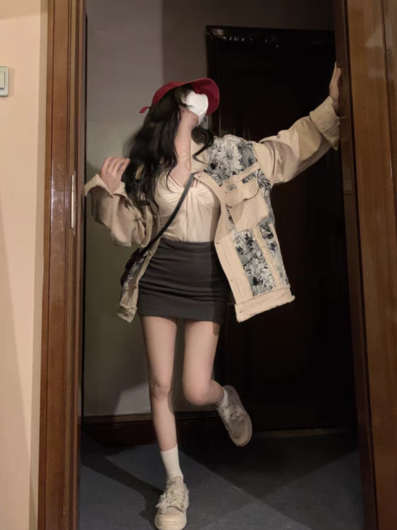 DDXZ夕子秋季韓風新款水墨色刺繡拼接撞色寬鬆慵懶ins牛仔外套女