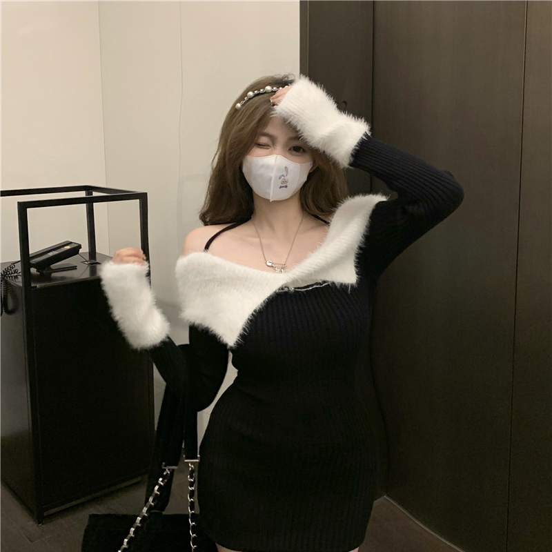 一字肩針織毛衣連衣裙女裝秋冬紅色聖誕氛圍感性感包臀裙子