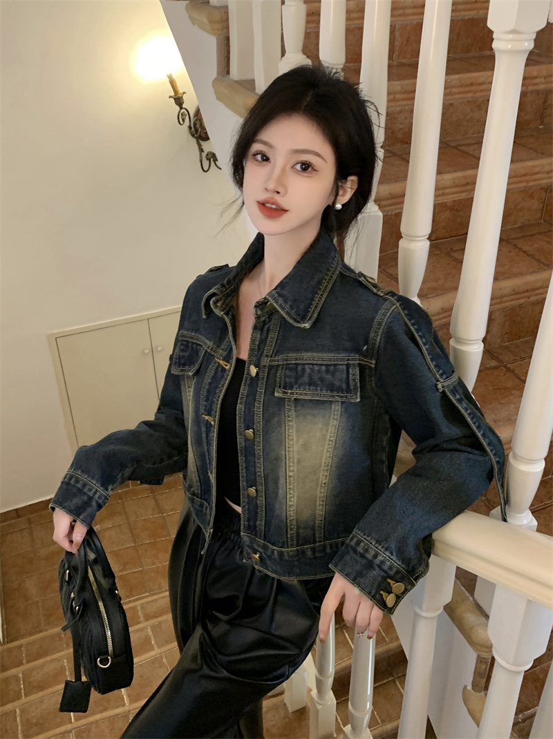 實拍~春秋新款設計感復古拼接休閒百搭短款牛仔上衣外套女
