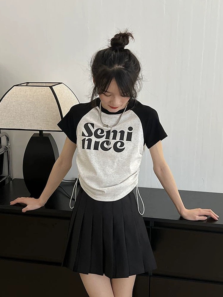拼色插肩短袖T恤新款女裝別致修身抽繩字母印花上衣潮