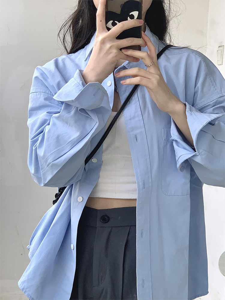 2024新款藍色襯衫女春秋薄款襯衣設計感小眾法式長袖chic上衣