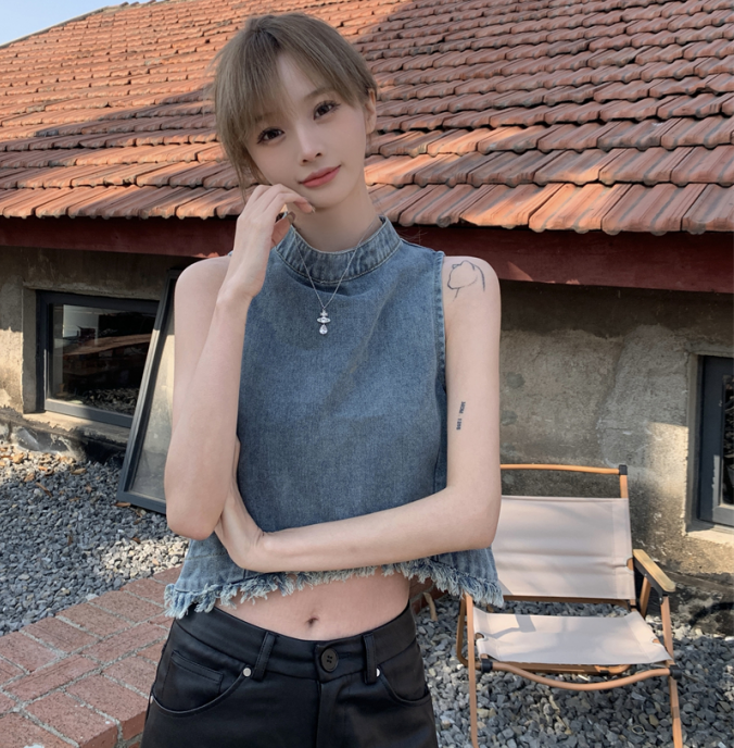 實拍夏裝新款韓款大碼女裝毛邊流蘇設計感顯瘦牛仔背心S-5XL200斤