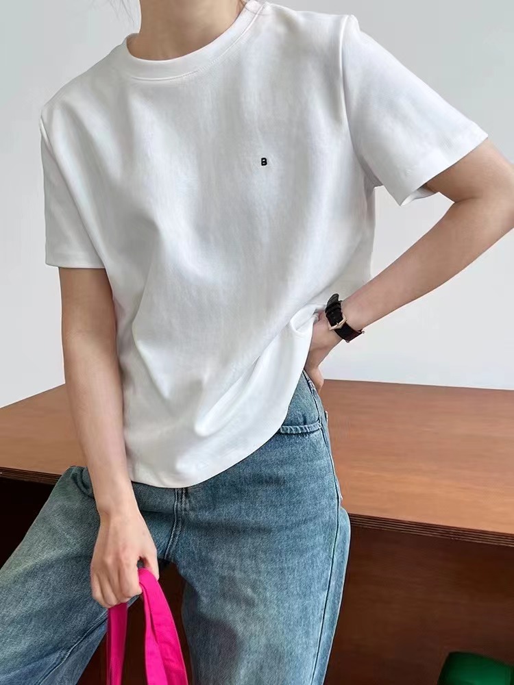 2024字母刺繡簡約短袖T恤女春夏新款內搭套頭打底衫正肩上衣