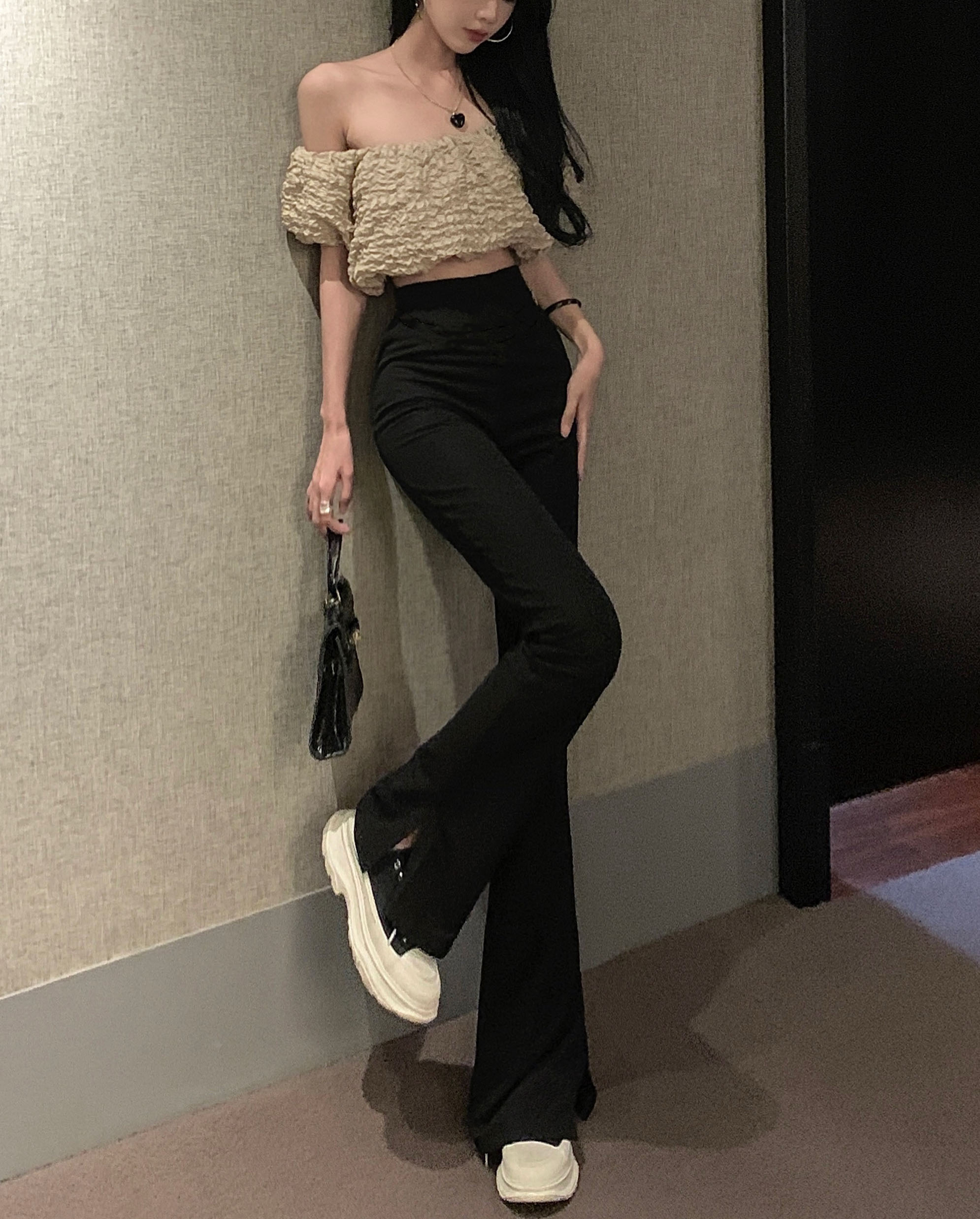 實拍！！微喇叭開叉休閒褲女裝新款高腰顯瘦黑色直筒褲子