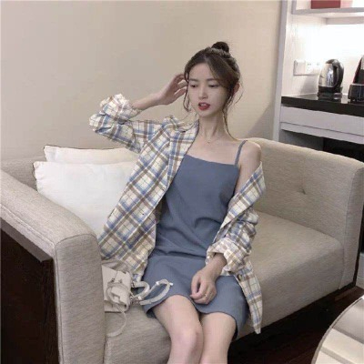 春秋新款時尚套裝女學生韓版港味西裝格子外套+小吊帶兩件套ins潮