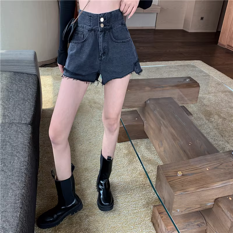實拍 破洞毛邊寬鬆闊腿新品裝飾金屬扣高腰牛仔短褲女