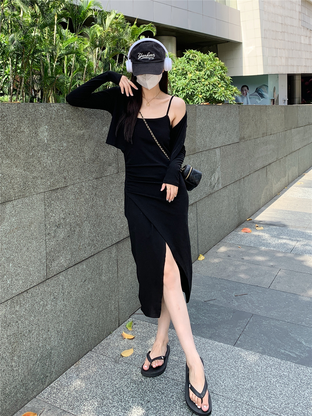 實拍 高級感純欲風連衣裙女春裝長袖開衫+開叉吊帶裙子兩件套