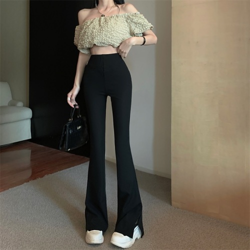 Real shot!  !  Micro-flared slit casual pants for women, new high-waist slim black straight pants