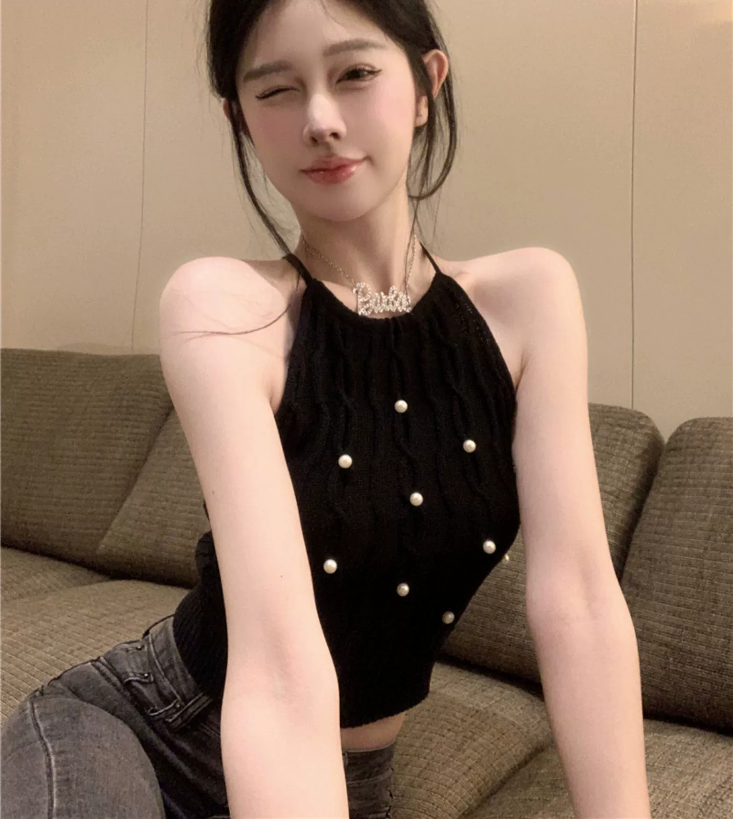 麻花針織吊帶背心女夏季外穿純欲甜辣妹性感掛脖短款抹胸無袖上衣