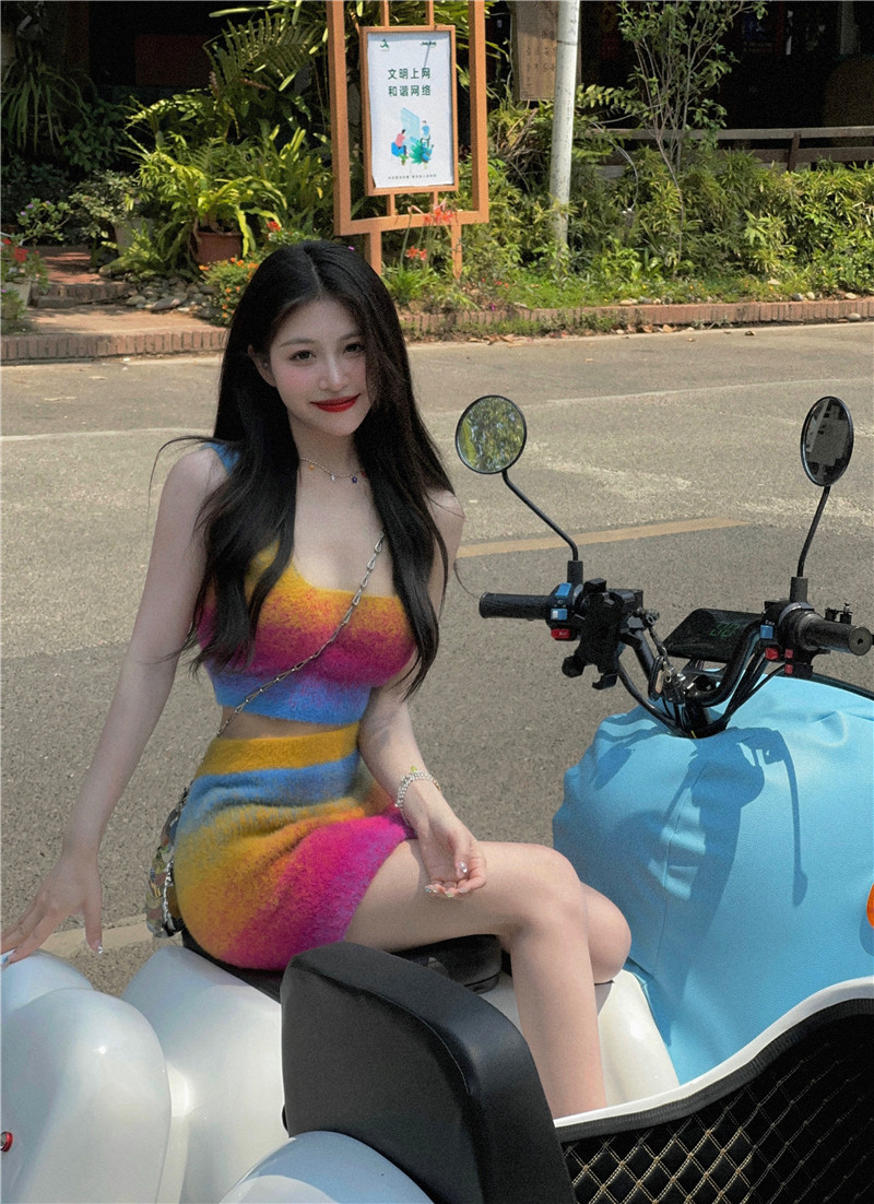 實拍春夏新款性感露臍辣妹少女感落日風修身吊帶背心套裝