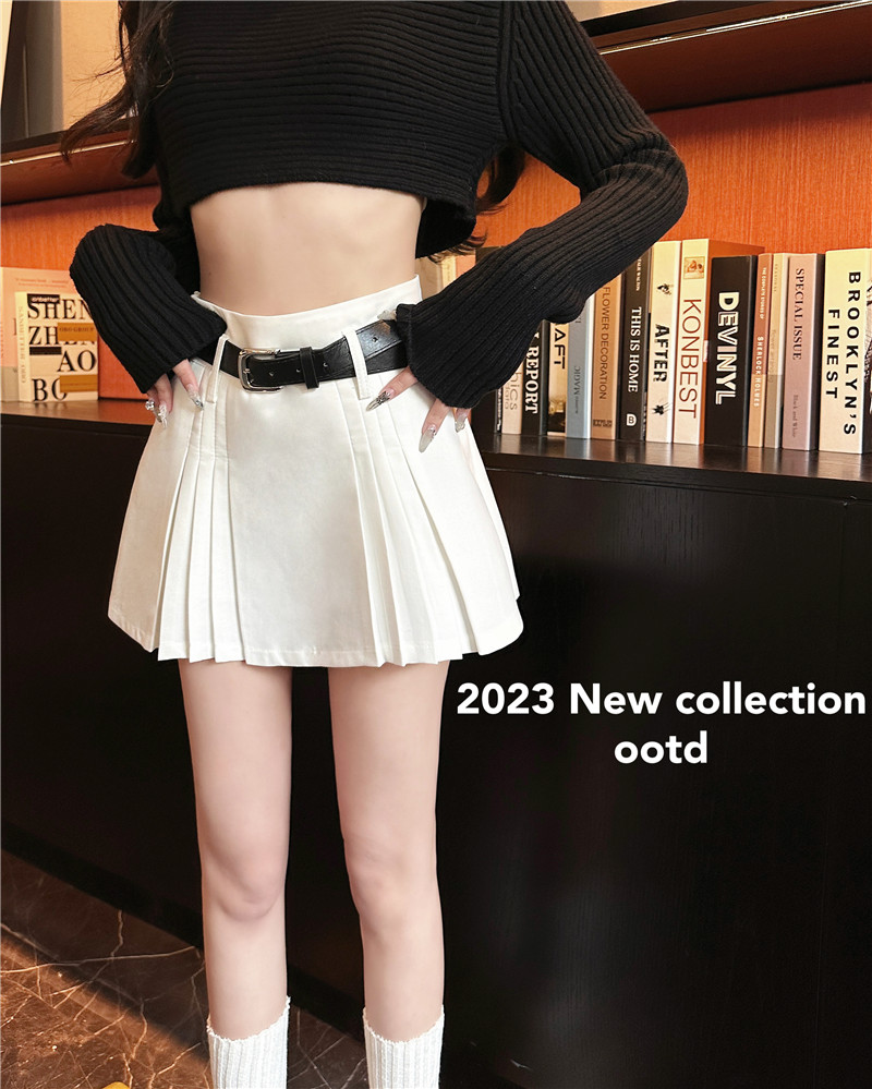 Actual shot of new spring and summer A-line skirt, pleated skirt, high-waisted solid color, versatile short skirt, skirt with belt