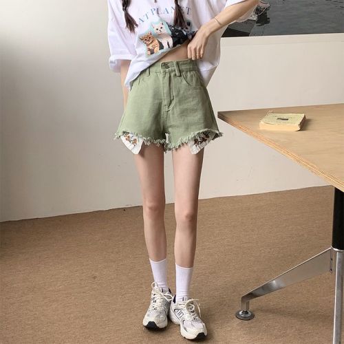 Plus size fat mm green denim shorts for women summer new design embroidered raw edge outer wear A-line wide-leg hot pants
