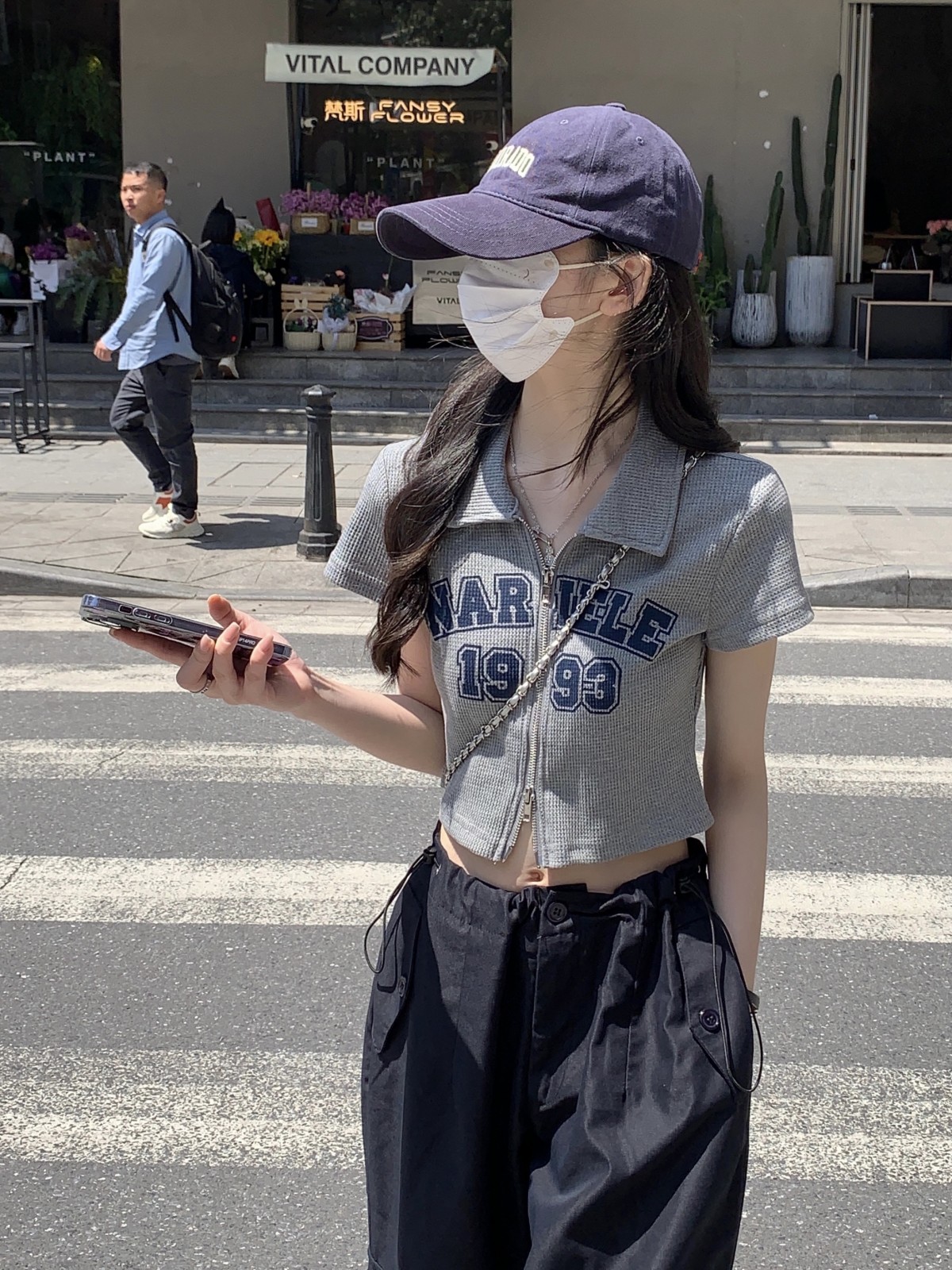 實拍 春夏polo領復古字母印花雙拉鏈短款華夫格短袖女T恤上衣