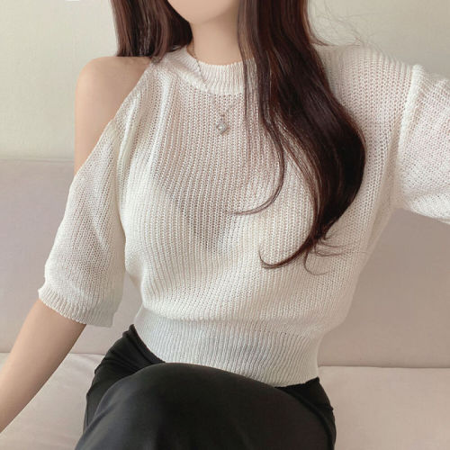 大码女装 韩版纯色冰丝上衣微透性感一字肩露肩清凉短袖针织T恤