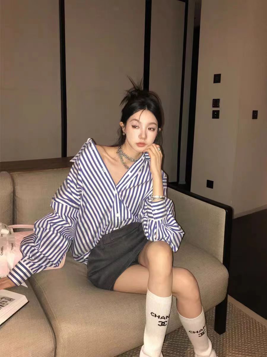 Ouyang Ouyang Vertical Stripe Blue Shirt Jacket Women's Spring Design Niche Loose Shirt Long Sleeve Top