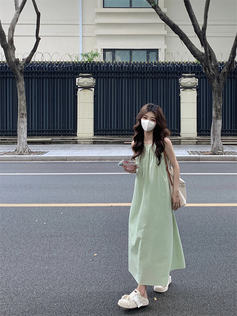 實拍#薄荷綠高級感無袖連衣裙女寬鬆顯瘦法式吊帶中長背心裙