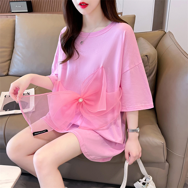 實拍純棉/後包領/網紗蝴蝶結立體花朵裝飾短袖T恤女