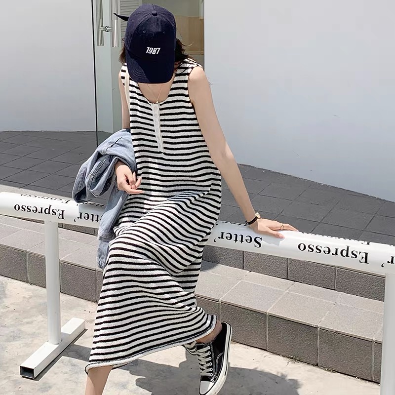 鬼馬大熊羊毛家條紋針織背心裙女夏季寬鬆顯瘦慵懶風過膝沙灘裙女