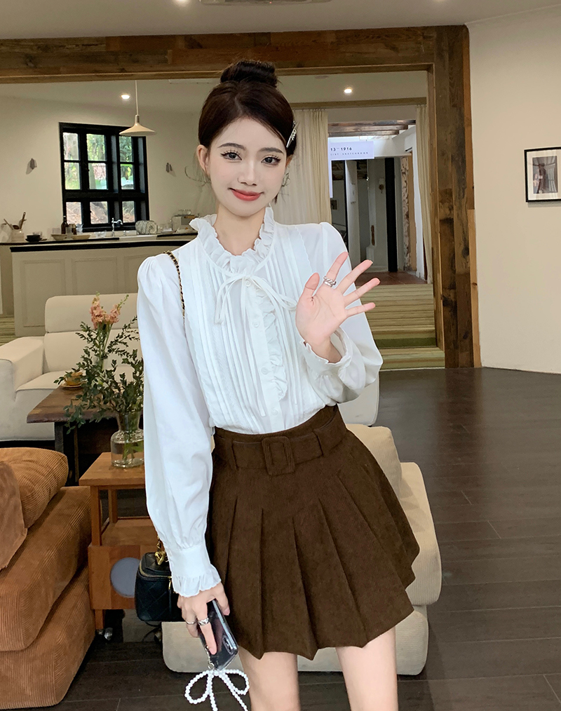實拍  韓版chic刺繡鏤空白色上衣系帶法式襯衫女