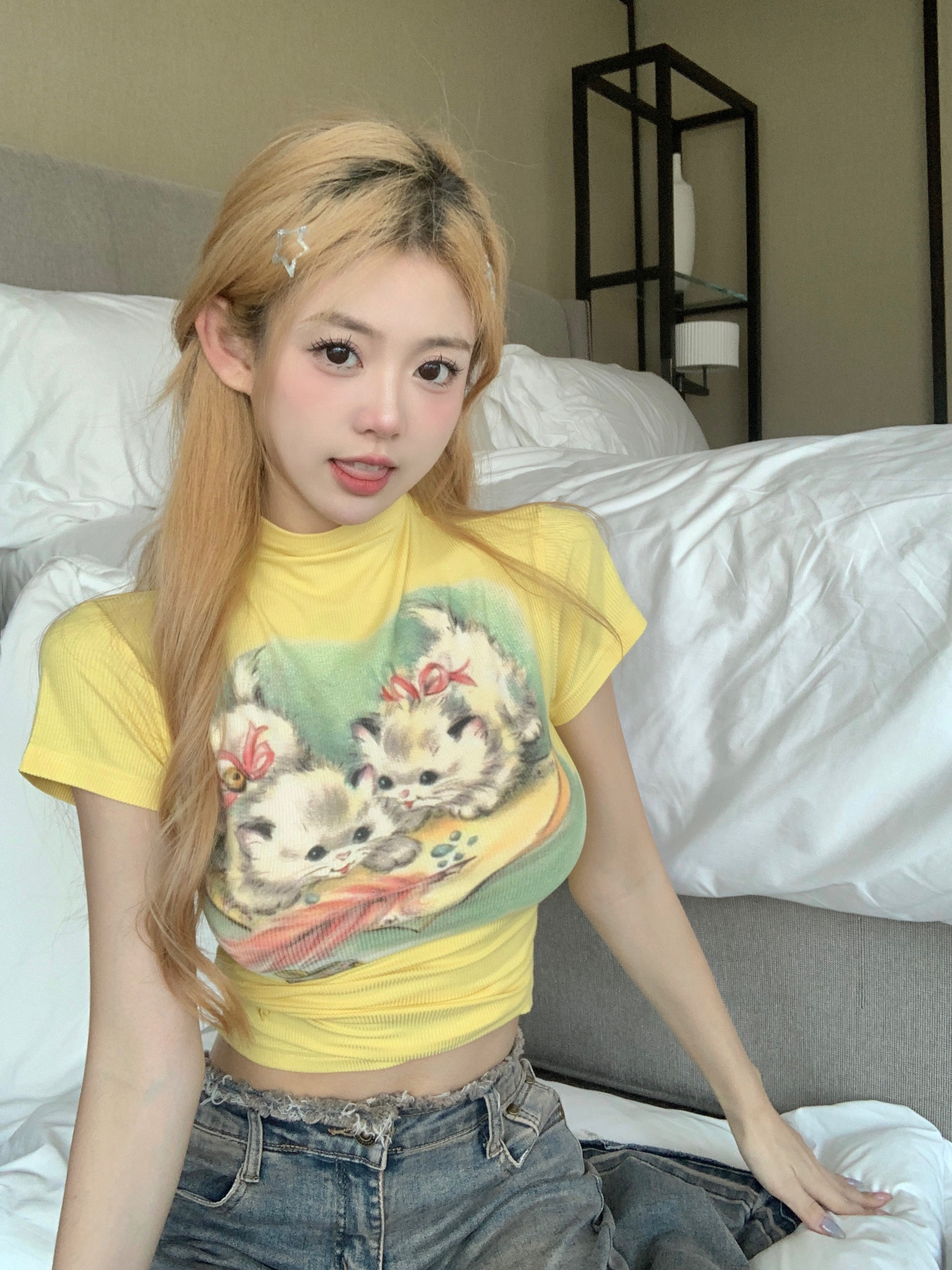 美式貓咪無袖圓領黃色背心上衣夏季多巴胺女孩穿搭甜辣妹短款T恤