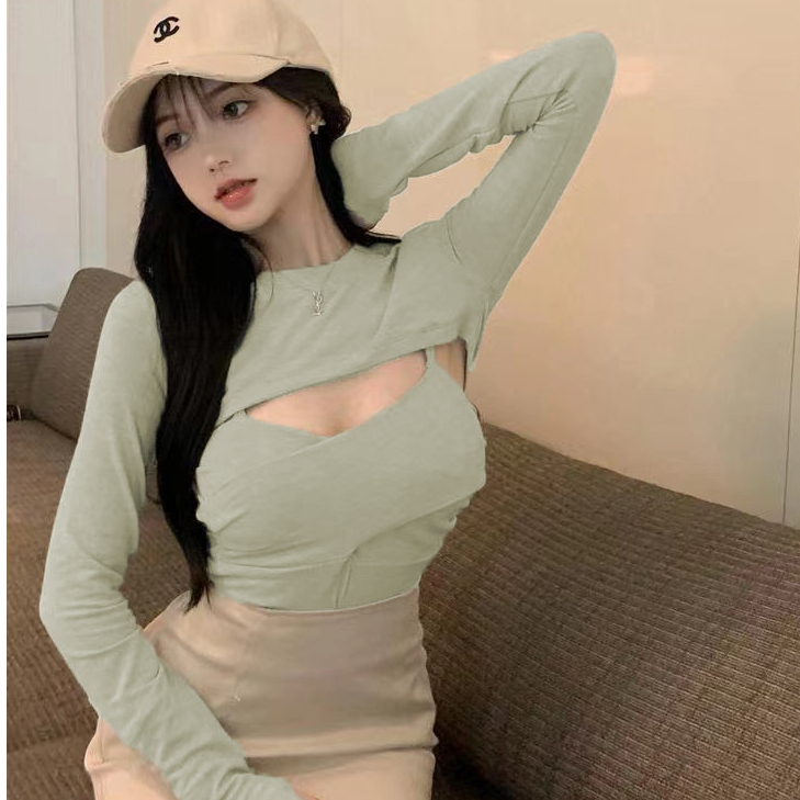 Sexy hollow short T-shirt long-sleeved blouse hot girl V-neck cross pleated camisole ins two-piece set