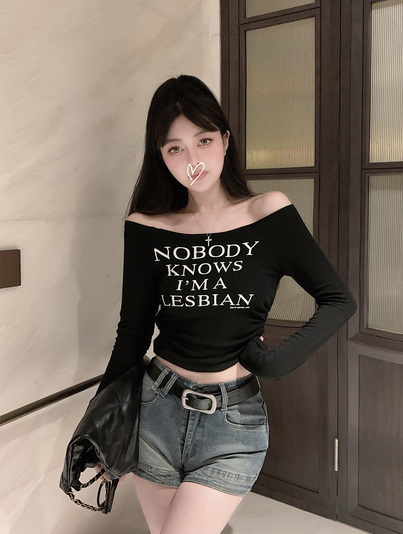 Stylish and versatile hot girl one-line collar letter long-sleeved bottoming shirt for women spring and autumn T-shirt top pullover