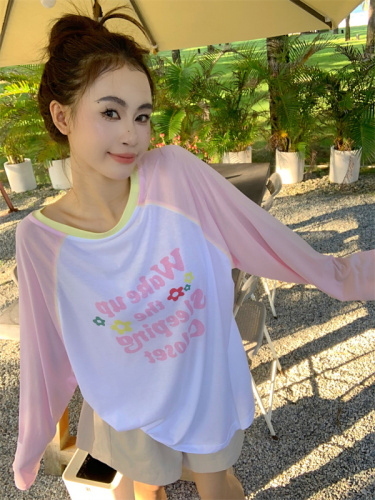 Actual shot of Dopamine sweet girl's contrasting letter raglan long-sleeved thin sun protection T-shirt