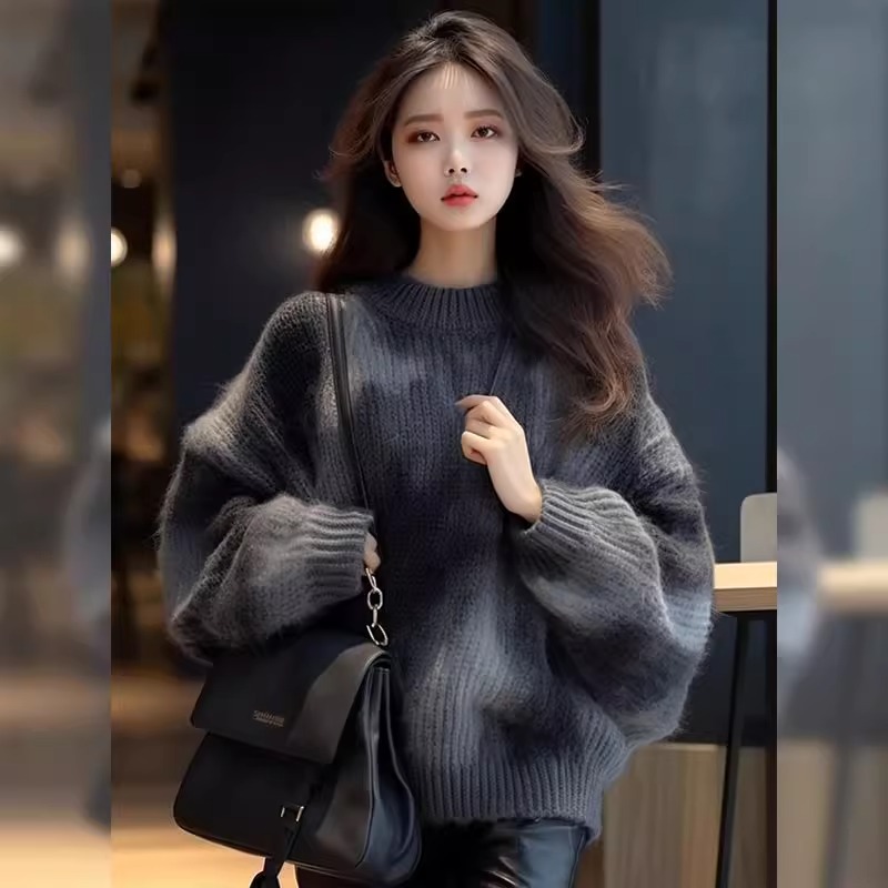 高級感超好看黑灰色扎染毛衣女秋冬新款美式復古圓領針織衫上衣潮