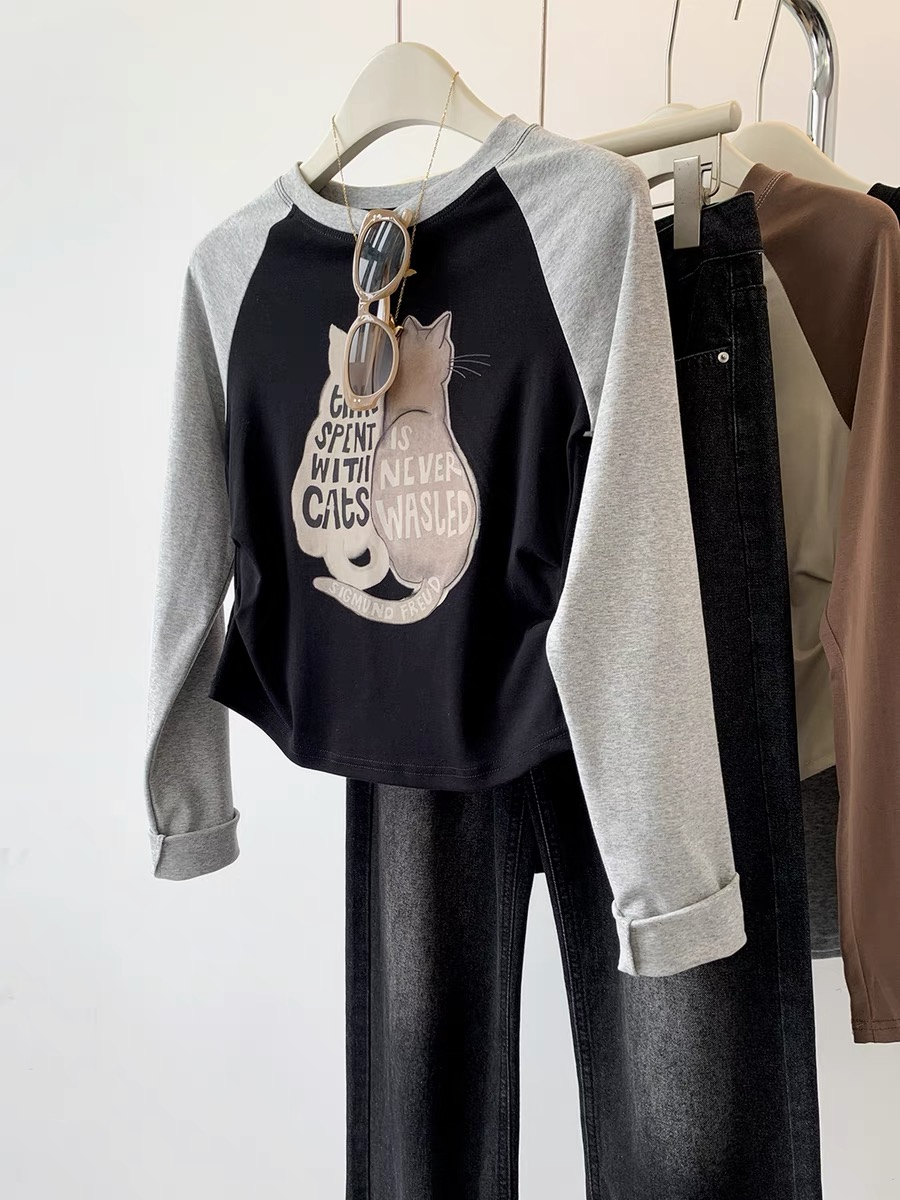 Cat Short Raglan Sleeve Long Sleeve T-shirt Women's Early Autumn Autumn Clothes American Waist Slim Fit Bottoming Top