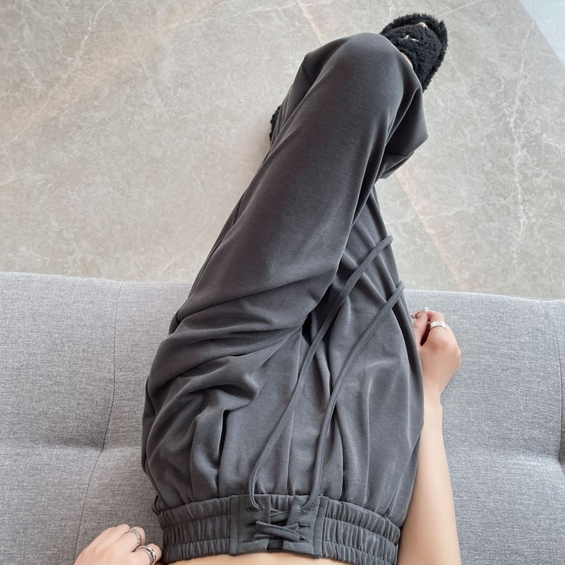 灰色銅氨絲窄版闊腿褲女春秋夏季薄款高腰垂感防曬休閒直筒褲子
