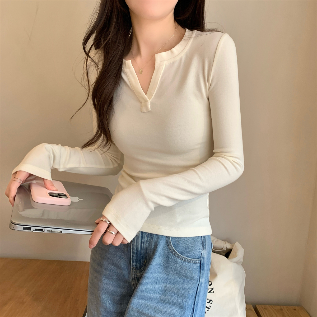 Actual shot of spring temperament Korean style half-open collar slim solid color long-sleeved pure cotton versatile bottoming T-shirt top for women