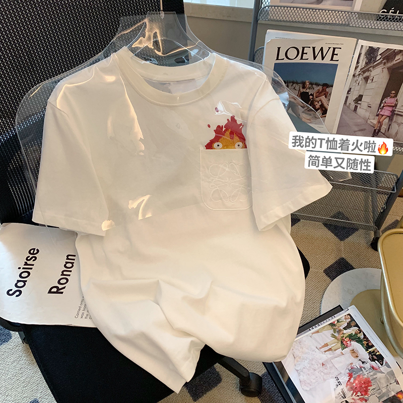 白色火苗印花口袋T恤女短袖2024夏季新款寬鬆純棉體恤設計感小眾